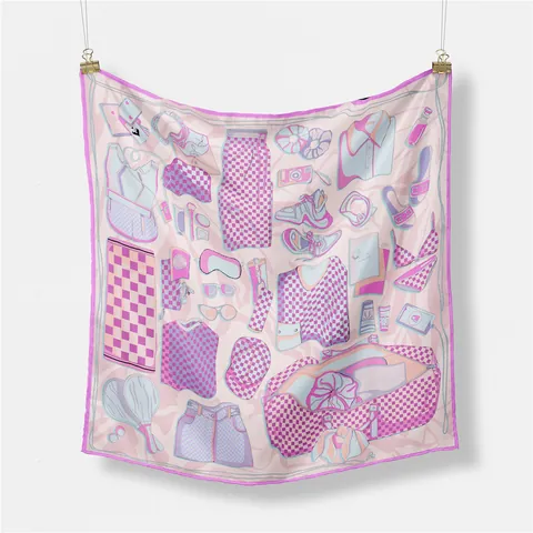 Französischer Stil Damen Mode Illustration Druck Satin Quadratisches Tuch Schachbrett Reise Muster Haarband Deko Schal