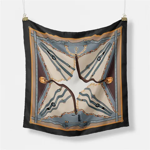 Vintage Equestrian Carriage Chain Pattern Satin Square Scarf For Women Luxury Silk Feel Small Neckerchief Fashion Head Hair Wrap