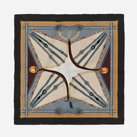 Vintage Equestrian Carriage Chain Pattern Satin Square Scarf For Women Luxury Silk Feel Small Neckerchief Fashion Head Hair Wrap