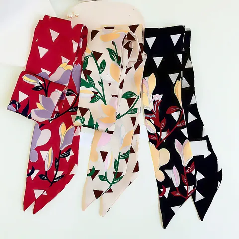 Women's Long Silk Feel Scarf Vintage Polka Dot Floral Twilly Ribbon Elegant Neck Scarf For Handbag Decoration