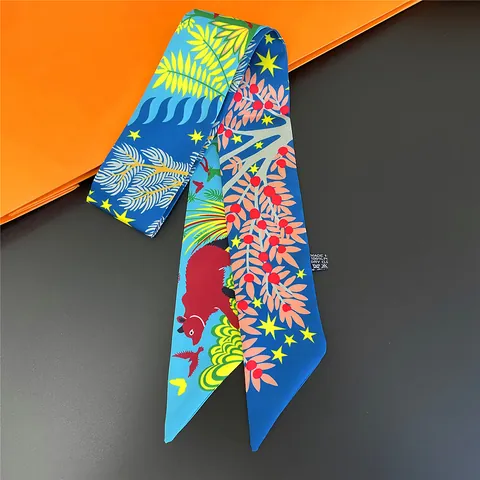 Women Artistic Jungle Animal Botanical Print Twilly Scarf Satin Narrow Hair Band Handbag Ribbon Neckerchief Decorative Scarf