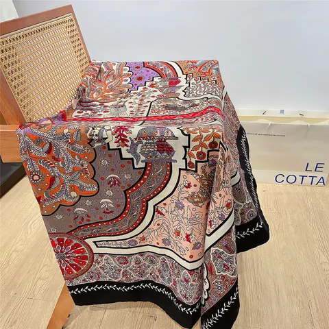 Damen Vintage Ethnisch Floral Lebensbaum Druck Satin Quadratischer Schal Warm Elegant Shawl Wraps Modeaccessoire