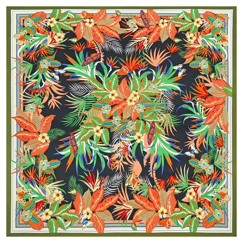 Bufanda Cuadrada Grande de Satén Estilo Francés para Mujer Estampado Floral Hoja de Palma Tropical Mariposa Chal Lujo Tacto Seda