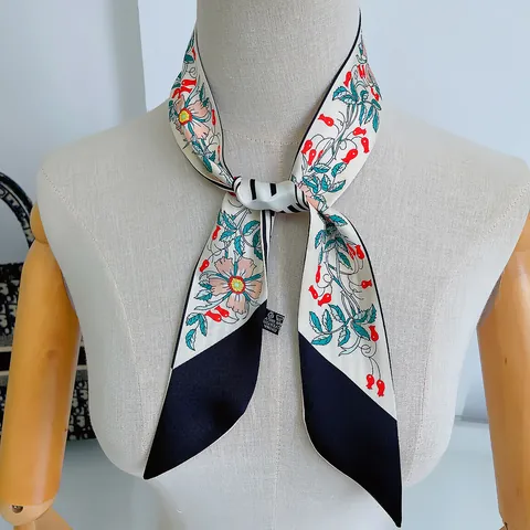 Women's Floral Print Polyester Satin Twilly Scarf For Handbag Handle Hair Headband Elegant French Style Neck Scarf