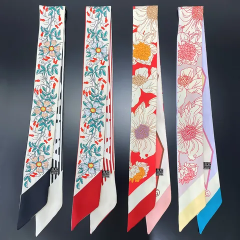 Women's Floral Print Polyester Satin Twilly Scarf For Handbag Handle Hair Headband Elegant French Style Neck Scarf