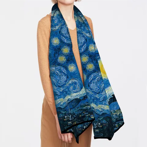 Van Gogh Oil Painting Print Long Satin Scarf For Women Artistic Starry Night Sunflower Pattern Silk Feeling Shawl Wrap Accessory