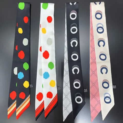 Women Satin Twilly Scarf Polka Dot Geometric Pattern Thin Hair Band Bag Handle Decorative Ribbon Long Neck Scarf Accessories