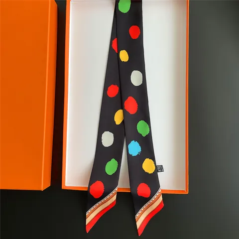 Women Satin Twilly Scarf Polka Dot Geometric Pattern Thin Hair Band Bag Handle Decorative Ribbon Long Neck Scarf Accessories
