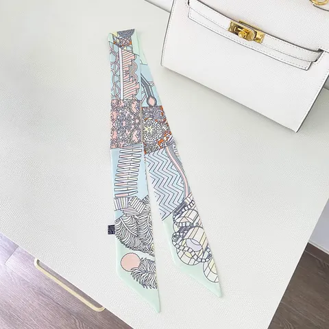 French Vintage Satin Twilly Scarf Floral Geometric Printed Narrow Handle Ribbon Hair Band Multi-use Neck Tie Bag Accessory