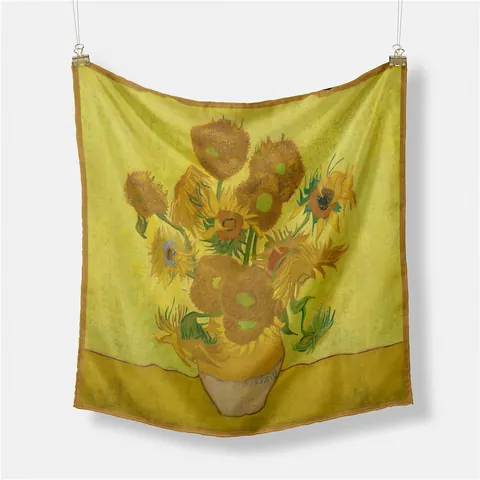 Artistic Women Van Gogh Sunflower Oil Painting Pattern Satin Square Scarf Silk Like Feel Versatile Decorative Neck Wrap