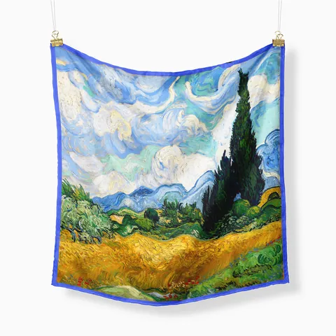 Pañuelo de Satén Cuadrado Con Estampado Artístico Trigal Con Cipreses de Van Gogh para Mujer Bandana Decorativa Vintage Pañuelo