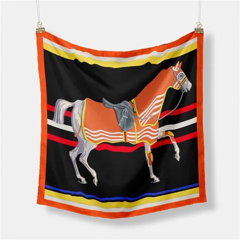 Damen Vintage Reitsport Pferdekutsche Kettendruck Satin Quadratisches Tuch Elegant Dekorativ Seidiges Gefühl Schal Zubehör