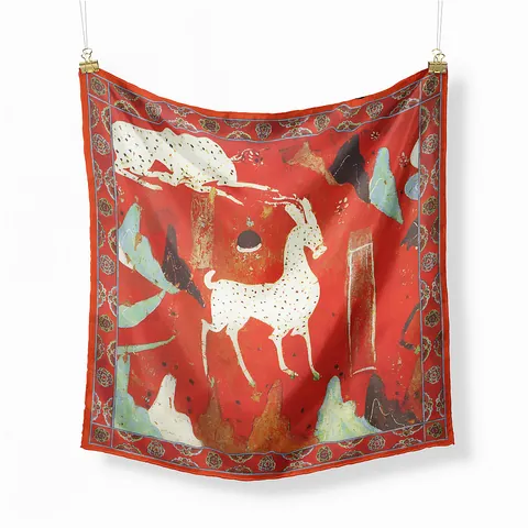 Dunhuang Nine Colored Deer Pattern Satin Square Scarf Women Oriental National Tide Vintage Printed Neck Scarf Hair Wrap Decorative Headscarf
