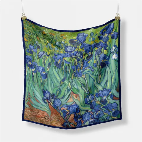 Dames Satijn Vierkante Sjaal Van Gogh Iris Olieverfschilderij Print Decoratieve Kleine Halssjaal Vintage Kunst Sjaaltje
