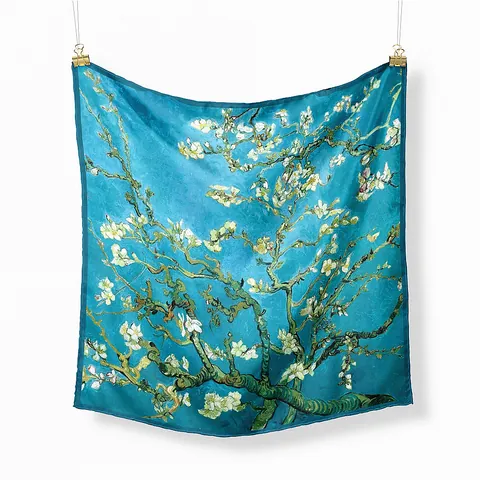 Pañuelo Cuadrado de Satén Artístico para Mujer Van Gogh Almendro en Flor Estampado de Óleo Pañuelo de Cuello de Moda