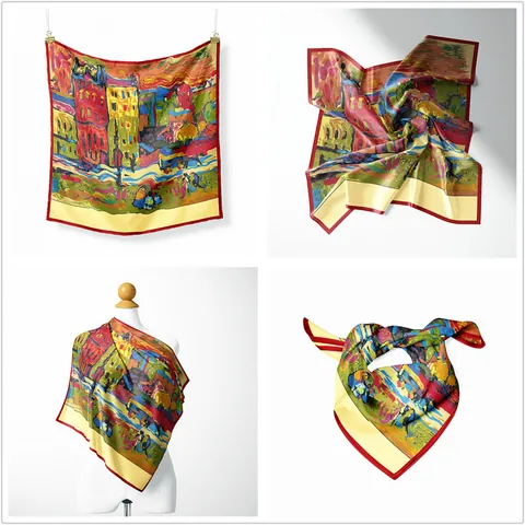 Foulard Quadrato in Raso Vintage con Stampa Artistica di Van Gogh Motivo Casa Rossa Foulard in Seta a Saia per Donna Sciarpa Artistica