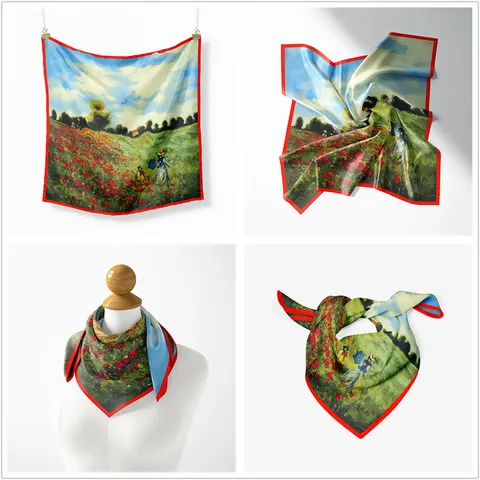 Women Artistic Oil Painting Series Red Floral Satin Small Square Scarf Decorative Twill Neck Scarf Vintage Impressionist Style Accessory