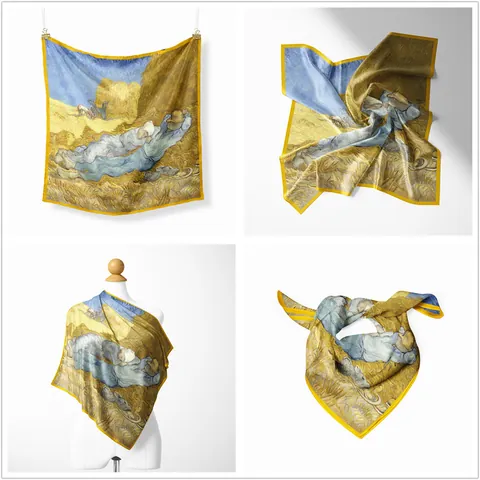Women Artistic Van Gogh Noon Rest Oil Painting Square Satin Scarf Vintage Silk Feel Neck Head Scarf Foulard Bandana Accessories