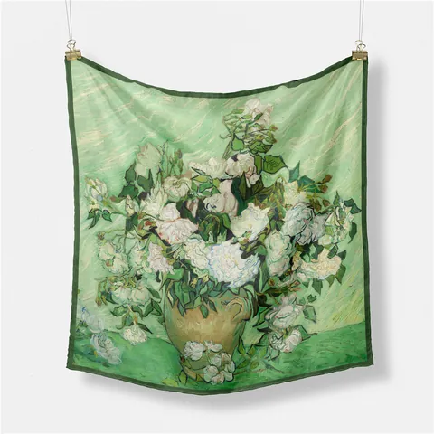 Van Gogh White Roses Oil Painting Print Satin Scarf Women Artistic Vintage Small Square Neck Scarf Floral Silk Like Bandana