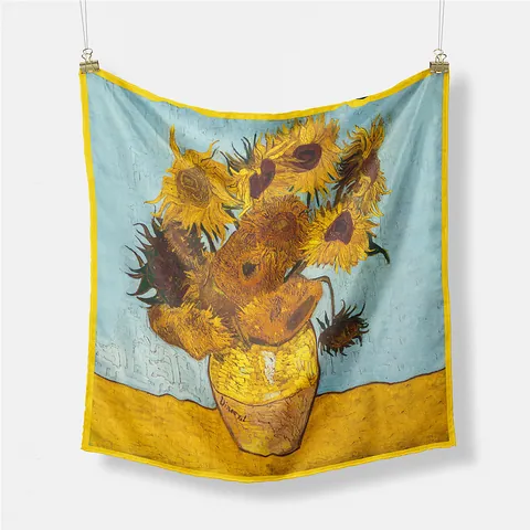 Van Gogh Oil Painting Sunflowers Print Square Satin Scarf For Women Vintage Artistic Decorative Neck Scarf Satin Twill Head Scarf