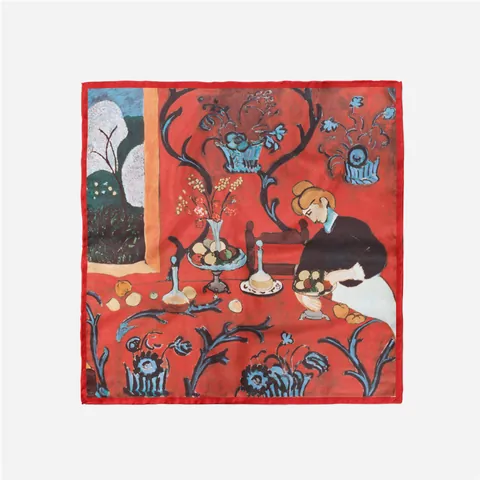 Vintage Oil Painting Print Satin Square Scarf Artistic Harmony In Red Decorative Neck Scarf Elegant Fashion Accessory Women