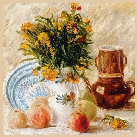 Van Gogh Oil Painting Vase And Fruit Pattern Satin Square Scarf For Women Vintage Art Twill Decorative Neck Scarf Head Scarf