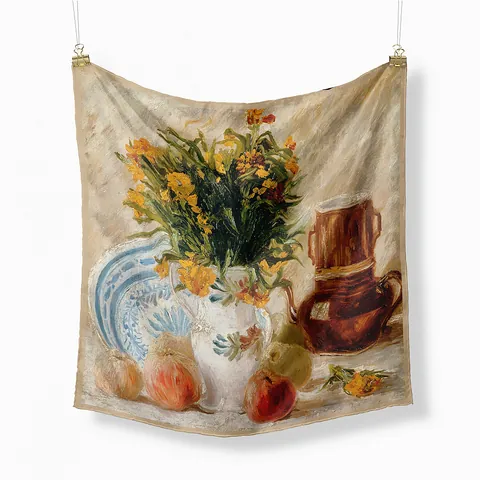 Van Gogh Oil Painting Vase And Fruit Pattern Satin Square Scarf For Women Vintage Art Twill Decorative Neck Scarf Head Scarf