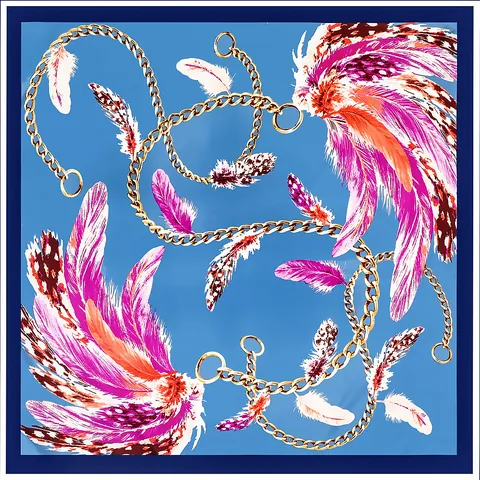 Women Satin Large Square Scarf Fashionable Animal Feather Metallic Chain Printed Shawl Headscarf Wrap Elegant Accessory