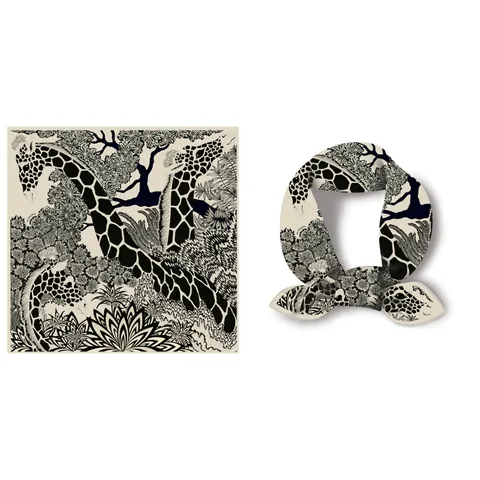 Women Cartoon Giraffe Floral Print Small Square Scarf Fashion Satin Silk Feel Twill Neck Scarf Hair Band Bag Decor Accessory