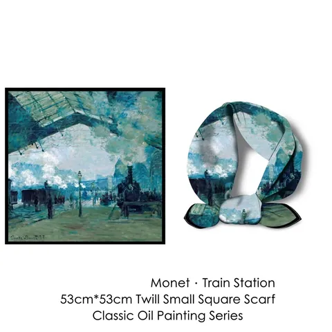 Monet Oil Painting Series Twill Satin Square Scarf Gare Saint-Lazare Print Neck Scarf Women Fashion Decorative Bandana