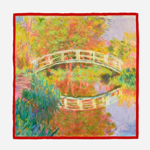 Women French Artistic Claude Monet Oil Painting Satin Square Scarf Japanese Bridge Water Lily Print Neck Scarf With Red Border