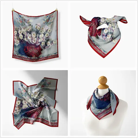 Monet Ölgemälde-Serie Weiße Chrysantheme Satin Quadratisches Halstuch Für Damen Vintage Künstlerisch Floral Deko Seidengefühl Bandana