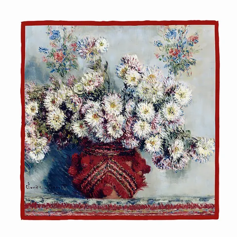 Monet Ölgemälde-Serie Weiße Chrysantheme Satin Quadratisches Halstuch Für Damen Vintage Künstlerisch Floral Deko Seidengefühl Bandana