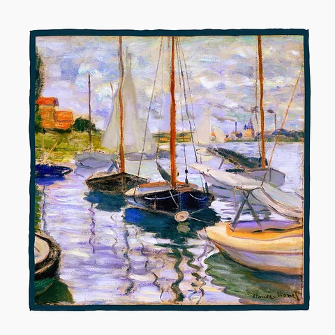 Foulard Quadrato in Raso da Donna Serie Claude Monet Pittura a Olio Barche Senna Twill Stampato Foulard Decorativo