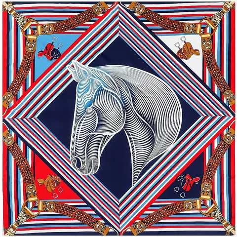Damen Retro Pferdemuster Geometrischer Streifen Satinschal Luxuriöser Großer Quadratischer Schal Wrap Eleganter Modehalstuch