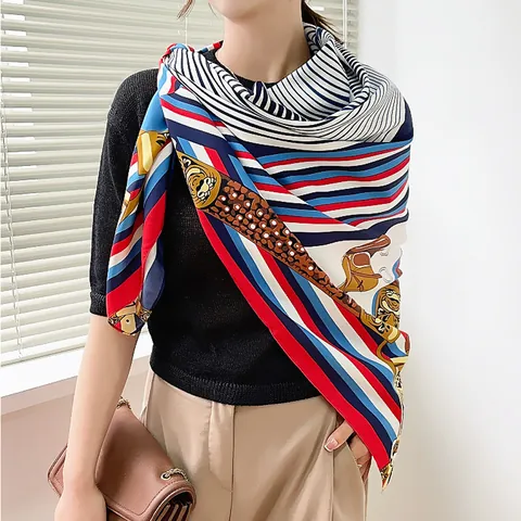 Damen Retro Pferdemuster Geometrischer Streifen Satinschal Luxuriöser Großer Quadratischer Schal Wrap Eleganter Modehalstuch