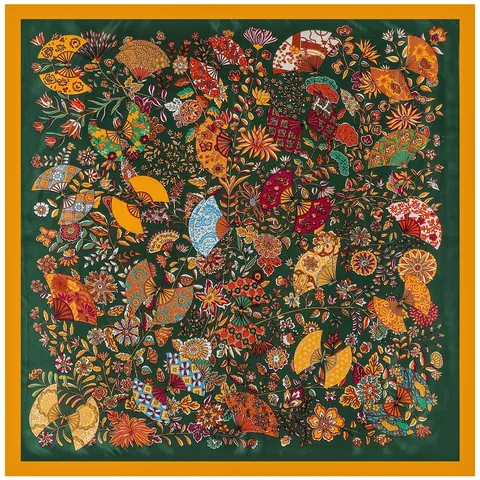 Foulard Quadrato in Raso di Lusso Stampa Floreale a Ventaglio Botanica Grande Elegante Scialle Effetto Seta per Donna Accessori Capelli Retro Artistici