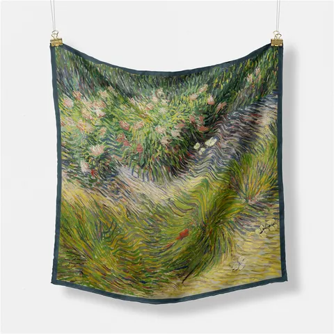 Artistic Impressionist Oil Painting Style Grass And Butterfly Print Square Satin Scarf For Women Decorative Neck Scarf