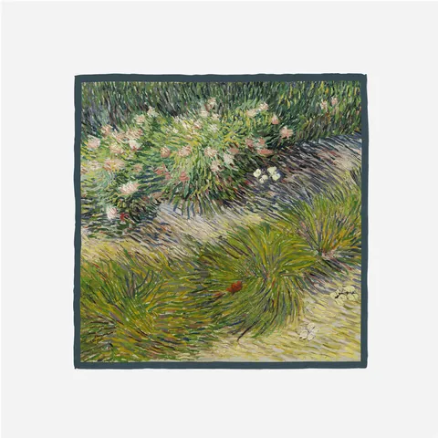 Artistic Impressionist Oil Painting Style Grass And Butterfly Print Square Satin Scarf For Women Decorative Neck Scarf
