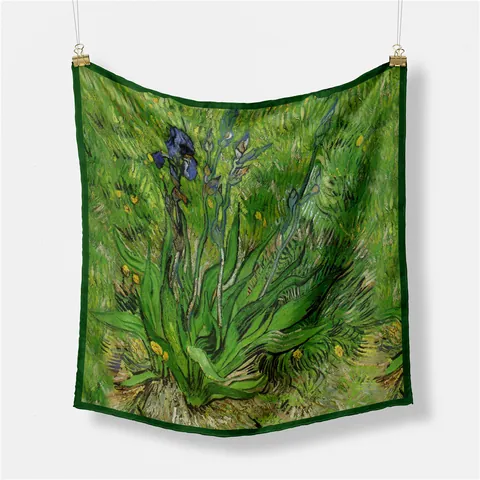 Van Gogh Irises Oil Painting Print Square Satin Scarf For Women Artistic Decorative Small Silk Like Neck Scarf Fashion Handkerchief Accessary
