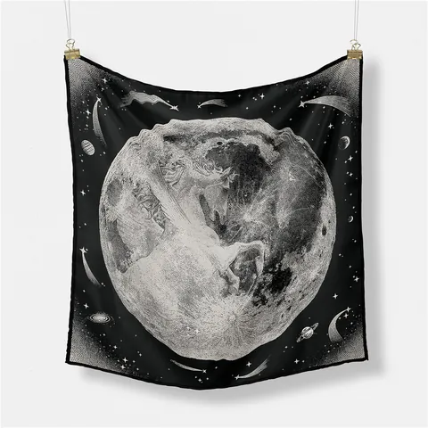 Damen Künstlerisches Satin Quadratisches Tuch Mond Einhorn Pegasus Sternenhimmel Druck Köperbindung Seidenähnliches Halstuch Elegantes Haarband