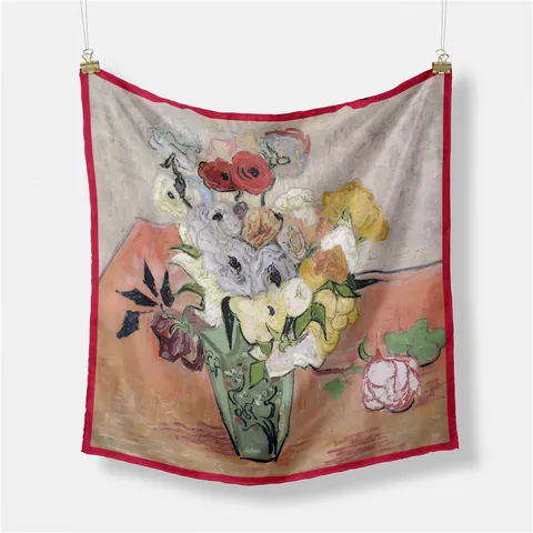 Foulard Quadrato in Satin Vintage Pittura a Olio di Van Gogh Con Stampa Floreale da Donna Rose e Anemoni Accessorio Collo