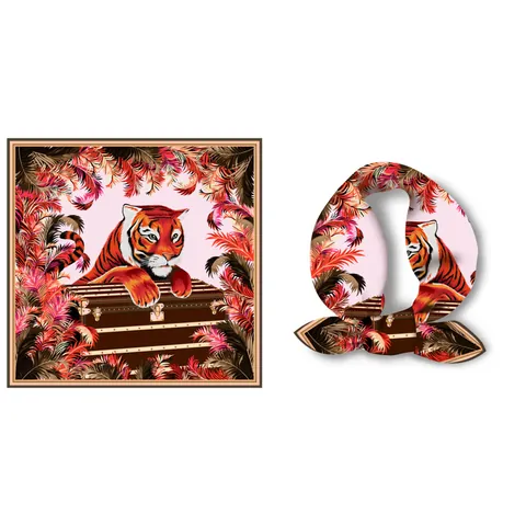 Women's Tropical Tiger Print Satin Square Scarf Vintage Trunk Pattern Silk-Like Neckerchief Fashion Scarf