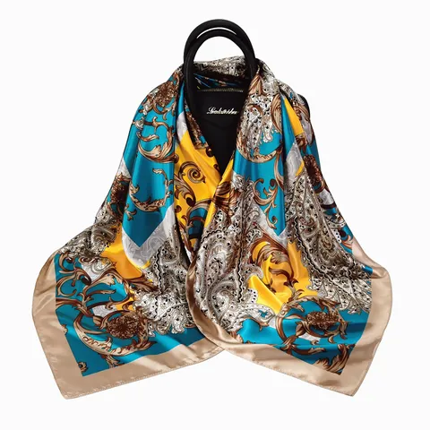 Dames Vintage Satin Zijdeachtige Grote Vierkante Sjaal Paisley Iris Bloemenprint Omslagdoek Hijab Tulband Haar Sjaal Elegant Accessoire