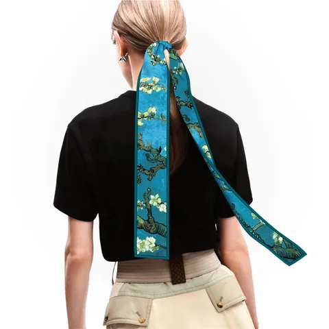 Sciarpa Sottile in Raso Stile Pittura a Olio Floreale Vintage per Donna Nastro Lungo Stretto per Capelli Decoro Borsa Fascia