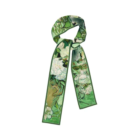 Van Gogh Oil Painting Floral Pattern Satin Twilly Scarf For Women Vintage Artistic Skinny Ribbon For Handbag Or Neck Decor