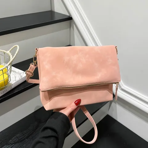 Borsa a Tracolla Minimalista da Donna in Pelle Sintetica Scamosciata Vintage a Busta Con Cerniera Dorata