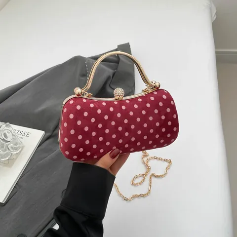 Vintage Polka Dot Velvet Evening Clutch Bag For Women Metal Handle Rhinestone Clasp Gold Chain Party Wedding Handbag