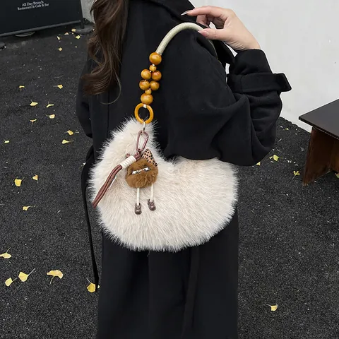 Sac Hobo en Peluche pour Femmes Sac à Épaule en Fausse Fourrure Avec Poignée en Perles de Bois Charme Mignon Grande Capacité Automne Hiver