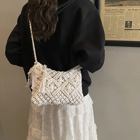 Handgevlochten Macrame Schoudertas Voor Dames Boheemse Stro Crossbody Tas Met Kwastje Parel Kant Strik Casual Strandtas